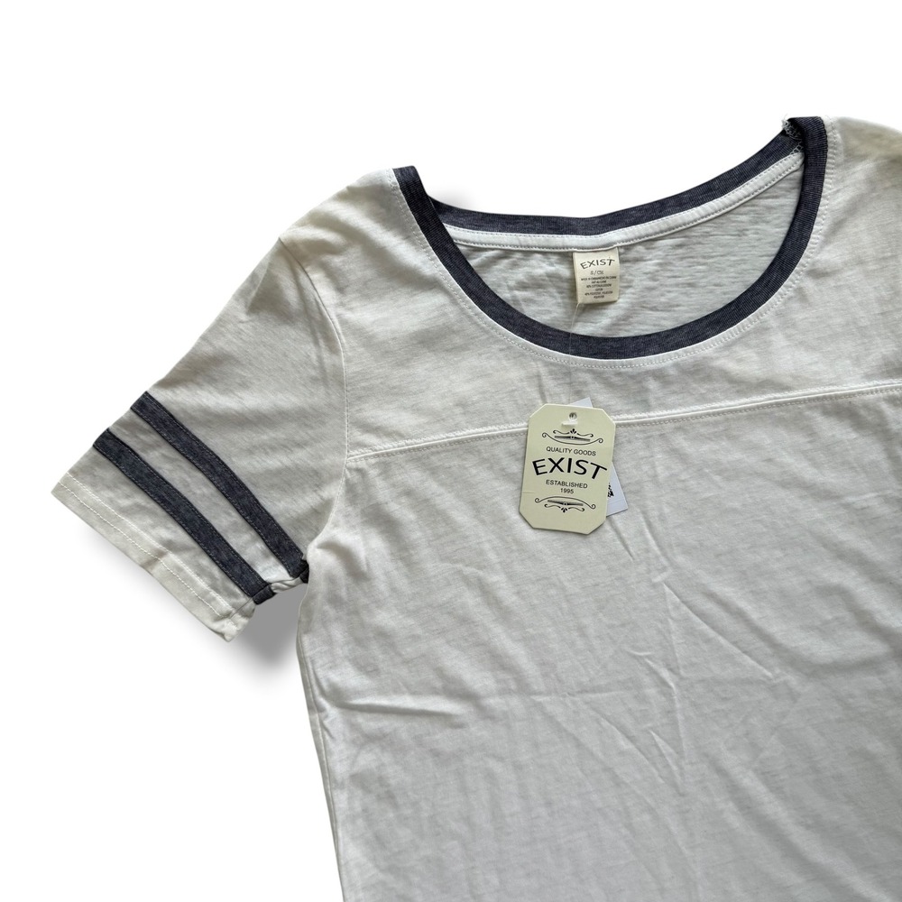 Exist Women's Sm White Varsity Stripe Ringer Short Sleeve T-Shirt Streetwear Y2K